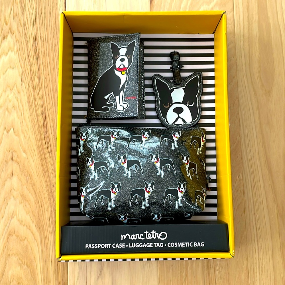 Marc Tetro Boston Terrier Travel Set Cosmetic, Passport, Luggage Tag Gift Box